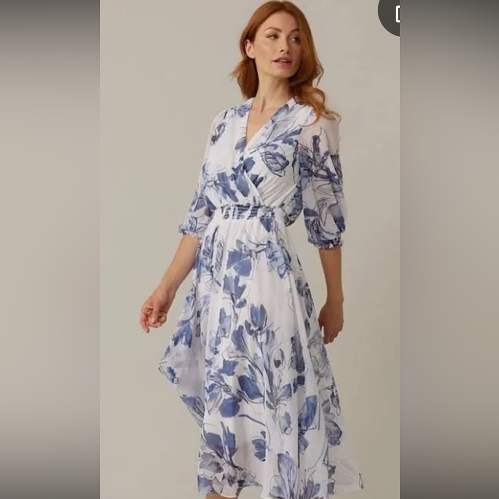 Joseph Ribkoff Blue and White Pleated Asymmetrical Dress